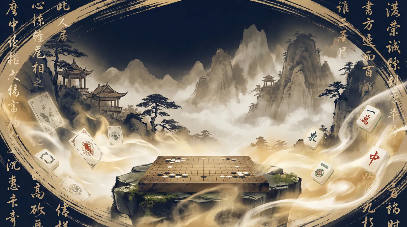 德州扑克策略对弈场景水墨画